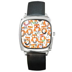 Cute-colorful-owl-cartoon-seamless-pattern Square Metal Watch by Salman4z