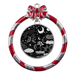 Vector-set-sketch-drawn-with-space Metal Red Ribbon Round Ornament