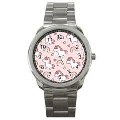 Cute-unicorn-rainbow-seamless-pattern-background Sport Metal Watch by Salman4z