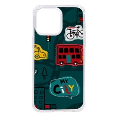 Seamless-pattern-hand-drawn-with-vehicles-buildings-road Iphone 14 Pro Max Tpu Uv Print Case by Salman4z