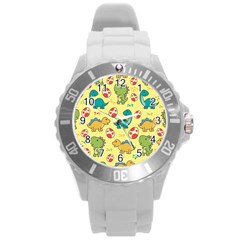 Seamless Pattern With Cute Dinosaurs Character Round Plastic Sport Watch (l)