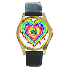 Tie Dye Heart Colorful Prismatic Round Gold Metal Watch