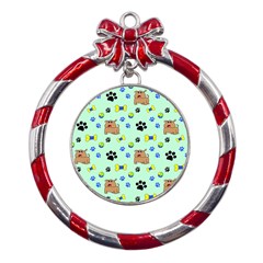 Dog Pattern Seamless Blue Background Scrapbooking Metal Red Ribbon Round Ornament by pakminggu