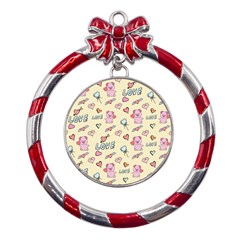 Pig Animal Love Romance Seamless Texture Pattern Metal Red Ribbon Round Ornament by pakminggu