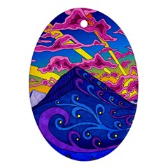 Psychedelic Colorful Lines Nature Mountain Trees Snowy Peak Moon Sun Rays Hill Road Artwork Stars Ornament (oval) by pakminggu