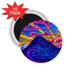 Psychedelic Colorful Lines Nature Mountain Trees Snowy Peak Moon Sun Rays Hill Road Artwork Stars 2 25  Magnets (10 Pack)  by pakminggu