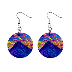 Psychedelic Colorful Lines Nature Mountain Trees Snowy Peak Moon Sun Rays Hill Road Artwork Stars Mini Button Earrings by pakminggu