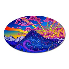 Psychedelic Colorful Lines Nature Mountain Trees Snowy Peak Moon Sun Rays Hill Road Artwork Stars Oval Magnet by pakminggu