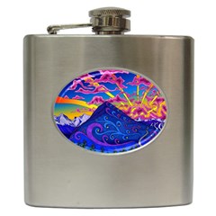 Psychedelic Colorful Lines Nature Mountain Trees Snowy Peak Moon Sun Rays Hill Road Artwork Stars Hip Flask (6 Oz) by pakminggu