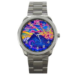 Psychedelic Colorful Lines Nature Mountain Trees Snowy Peak Moon Sun Rays Hill Road Artwork Stars Sport Metal Watch by pakminggu