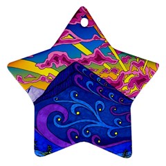 Psychedelic Colorful Lines Nature Mountain Trees Snowy Peak Moon Sun Rays Hill Road Artwork Stars Star Ornament (two Sides) by pakminggu