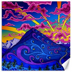 Psychedelic Colorful Lines Nature Mountain Trees Snowy Peak Moon Sun Rays Hill Road Artwork Stars Canvas 16  X 16  by pakminggu