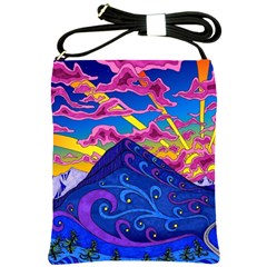 Psychedelic Colorful Lines Nature Mountain Trees Snowy Peak Moon Sun Rays Hill Road Artwork Stars Shoulder Sling Bag by pakminggu