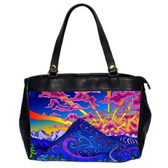 Psychedelic Colorful Lines Nature Mountain Trees Snowy Peak Moon Sun Rays Hill Road Artwork Stars Oversize Office Handbag (2 Sides) by pakminggu