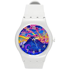 Psychedelic Colorful Lines Nature Mountain Trees Snowy Peak Moon Sun Rays Hill Road Artwork Stars Round Plastic Sport Watch (m) by pakminggu