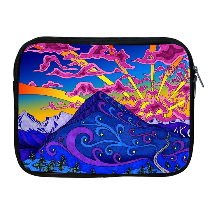 Psychedelic Colorful Lines Nature Mountain Trees Snowy Peak Moon Sun Rays Hill Road Artwork Stars Apple iPad 2/3/4 Zipper Cases