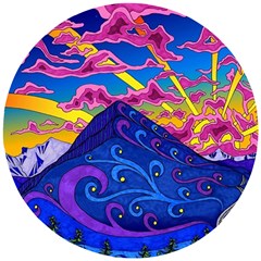 Psychedelic Colorful Lines Nature Mountain Trees Snowy Peak Moon Sun Rays Hill Road Artwork Stars Wooden Puzzle Round by pakminggu