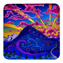 Psychedelic Colorful Lines Nature Mountain Trees Snowy Peak Moon Sun Rays Hill Road Artwork Stars Square Glass Fridge Magnet (4 Pack) by pakminggu