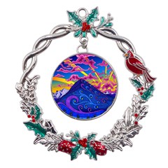 Psychedelic Colorful Lines Nature Mountain Trees Snowy Peak Moon Sun Rays Hill Road Artwork Stars Metal X mas Wreath Holly Leaf Ornament by pakminggu