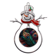 Peacock Feathers Nature Feather Pattern Metal Snowman Ornament