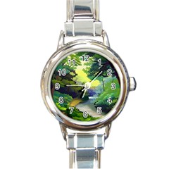 Landscape Illustration Nature Forest River Water Round Italian Charm Watch