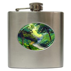 Landscape Illustration Nature Forest River Water Hip Flask (6 Oz)