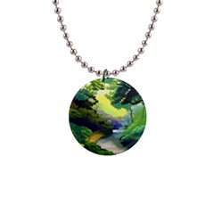 Landscape Illustration Nature Forest River Water 1  Button Necklace