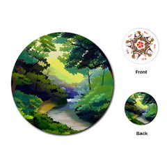 Landscape Illustration Nature Forest River Water Playing Cards Single Design (round)