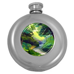 Landscape Illustration Nature Forest River Water Round Hip Flask (5 Oz)