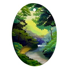 Landscape Illustration Nature Forest River Water Oval Ornament (two Sides)