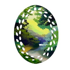 Landscape Illustration Nature Forest River Water Ornament (oval Filigree)