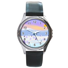 Vector Winter Landscape Sunset Evening Snow Round Metal Watch by Mog4mog4