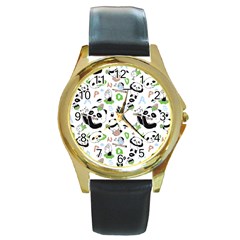 Giant Panda Bear Pattern Round Gold Metal Watch by Bakwanart