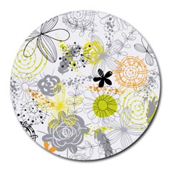 Doodle Flowers Hand Drawing Pattern Round Mousepad by Bakwanart