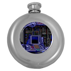 Blue Computer Monitor With Chair Game Digital Wallpaper, Digital Art Round Hip Flask (5 Oz)