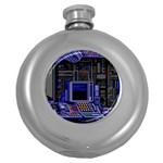 Blue Computer Monitor With Chair Game Digital Wallpaper, Digital Art Round Hip Flask (5 oz) Front