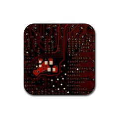 Red Computer Circuit Board Rubber Coaster (square) by Bakwanart