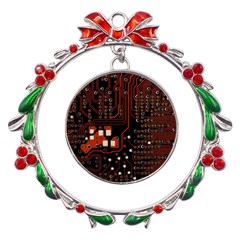 Red Computer Circuit Board Metal X mas Wreath Ribbon Ornament by Bakwanart