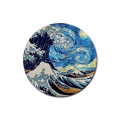The Great Wave Of Kanagawa Painting Hokusai, Starry Night Vincent Van Gogh Rubber Round Coaster (4 Pack) by Bakwanart