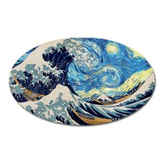 The Great Wave Of Kanagawa Painting Hokusai, Starry Night Vincent Van Gogh Oval Magnet by Bakwanart