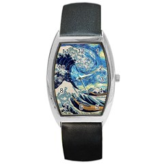 The Great Wave Of Kanagawa Painting Hokusai, Starry Night Vincent Van Gogh Barrel Style Metal Watch by Bakwanart