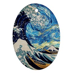 The Great Wave Of Kanagawa Painting Hokusai, Starry Night Vincent Van Gogh Oval Ornament (two Sides) by Bakwanart