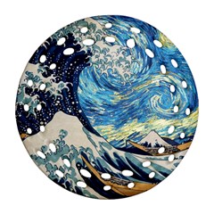 The Great Wave Of Kanagawa Painting Hokusai, Starry Night Vincent Van Gogh Ornament (round Filigree) by Bakwanart