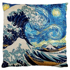The Great Wave Of Kanagawa Painting Hokusai, Starry Night Vincent Van Gogh Standard Premium Plush Fleece Cushion Case (two Sides) by Bakwanart