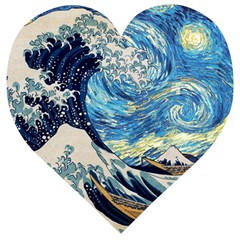 The Great Wave Of Kanagawa Painting Hokusai, Starry Night Vincent Van Gogh Wooden Puzzle Heart by Bakwanart
