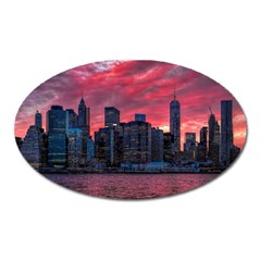 Skyline Sunset United States Reflection Usa,new York Manhattan Oval Magnet by Bakwanart
