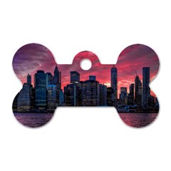 Skyline Sunset United States Reflection Usa,new York Manhattan Dog Tag Bone (two Sides) by Bakwanart