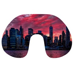 Skyline Sunset United States Reflection Usa,new York Manhattan Travel Neck Pillow by Bakwanart