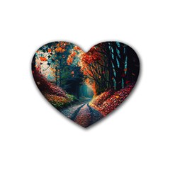 Forest Autumn Fall Painting Rubber Heart Coaster (4 Pack)