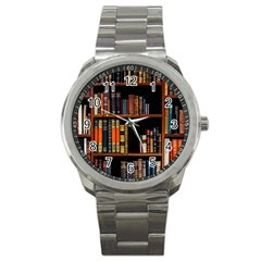 Assorted Title Of Books Piled In The Shelves Assorted Book Lot Inside The Wooden Shelf Sport Metal Watch by 99art